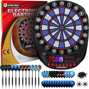 imageWINMAX Electronic Dart Board Soft Tip Dartboard Set LED Displays 3 Languages with 12 Darts 100 Tips Power AdapterBLUEWHITE