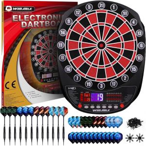 imageWINMAX Electronic Dart Board Soft Tip Dartboard Set LED Displays 3 Languages with 12 Darts 100 Tips Power AdapterREDBLACK