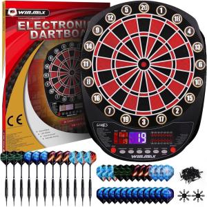 imageWINMAX Electronic Dart Board Soft Tip Dartboard Set LED Displays 3 Languages with 12 Darts 100 Tips Power AdapterREDBLACK WITH LIGHTS
