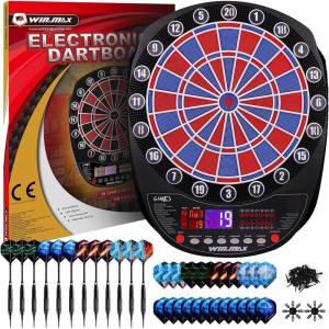 imageWINMAX Electronic Dart Board Soft Tip Dartboard Set LED Displays 3 Languages with 12 Darts 100 Tips Power AdapterREDBLUE