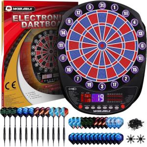 imageWINMAX Electronic Dart Board Soft Tip Dartboard Set LED Displays 3 Languages with 12 Darts 100 Tips Power AdapterREDBLUE WITH LIGHTS