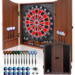 imageElectronic Dart Board LED Electric Digital Scoreboard Dart Boards for Adults with MDF Cabinet up to 8 Players 34 Games355 Variations  12 Soft Tip Darts ampamp 100 Replacement tips  Great for Game RoomBrown with Dark Blue with Yellow Line
