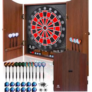 imageElectronic Dart Board LED Electric Digital Scoreboard Dart Boards for Adults with MDF Cabinet up to 8 Players 34 Games355 Variations  12 Soft Tip Darts ampamp 100 Replacement tips  Great for Game RoomBrown with Light Brown