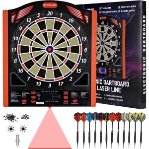 imageElectronic Dart Board Set Illuminated Electronic Soft Tip Dartboard with LED Sidelamp Laser Toe Line 34 Games with 350 Variations Digital Dartboard Set up to 8 Players 5 Levels BatteriesAdapterCLASSIC without side light