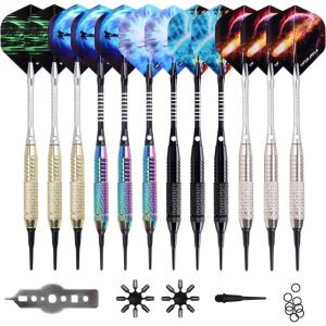 imageWINMAX Darts Plastic Tip  Soft Tip Darts Set  12 Pcs 18 Gram with 100 Extra Dart Tips 12 Flights Flight Protectors and Wrench for Electronic Dart Boardgoldensilverblackrainbow