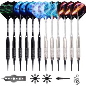 imageWINMAX Darts Plastic Tip  Soft Tip Darts Set  12 Pcs 18 Gram with 100 Extra Dart Tips 12 Flights Flight Protectors and Wrench for Electronic Dart Boardsilver and black