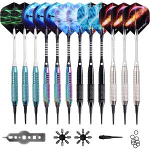 imageWINMAX Darts Plastic Tip  Soft Tip Darts Set  12 Pcs 18 Gram with 100 Extra Dart Tips 12 Flights Flight Protectors and Wrench for Electronic Dart Boardrainbowsilverblackgreen