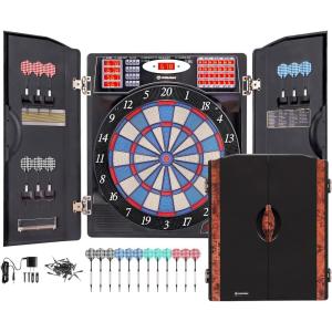 imageWINMAX Electronic Dart Board Cabinet Set LED Electric Digital Soft Tip Dart Boards for Adults with Cabinet up to 16 Players 38 Games and 211 Variations with 12 Soft Tip Dartboard SetWoodgrain