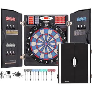 imageWINMAX Electronic Dart Board Cabinet Set LED Electric Digital Soft Tip Dart Boards for Adults with Cabinet up to 16 Players 38 Games and 211 Variations with 12 Soft Tip Dartboard SetSilver
