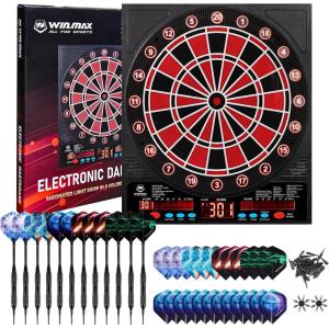 imageWINMAX Electronic Dart Board LED Display Automatic Scoring Dartboard Sets for Adults with 12 Darts 100 Soft Tips Dart Board Electronic Scoreboard Power Adapter Outdoor up to 8 Playersdartboard with light