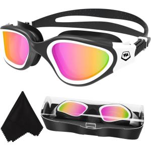 imageWINMAX Polarized Swimming Goggles Swim Pool Goggles Anti Fog Anti UV No Leakage Clear Vision for Men Women Adults TeenagersBlackwhitePink Polarized Mirrored Lens